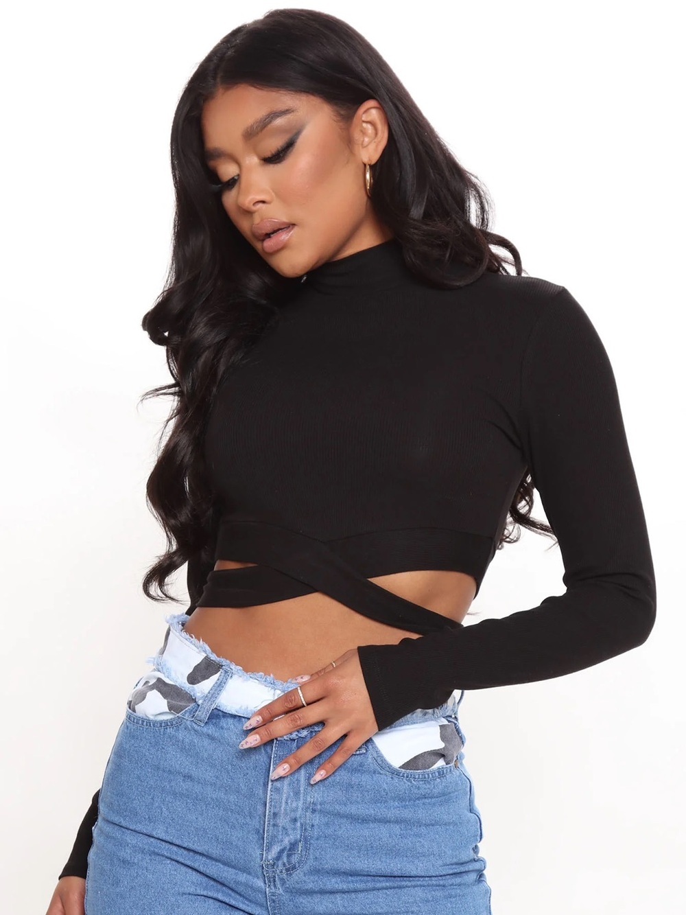 FASHION NOVA Long Sleeve Black Mock Neck Wrap Crop Top